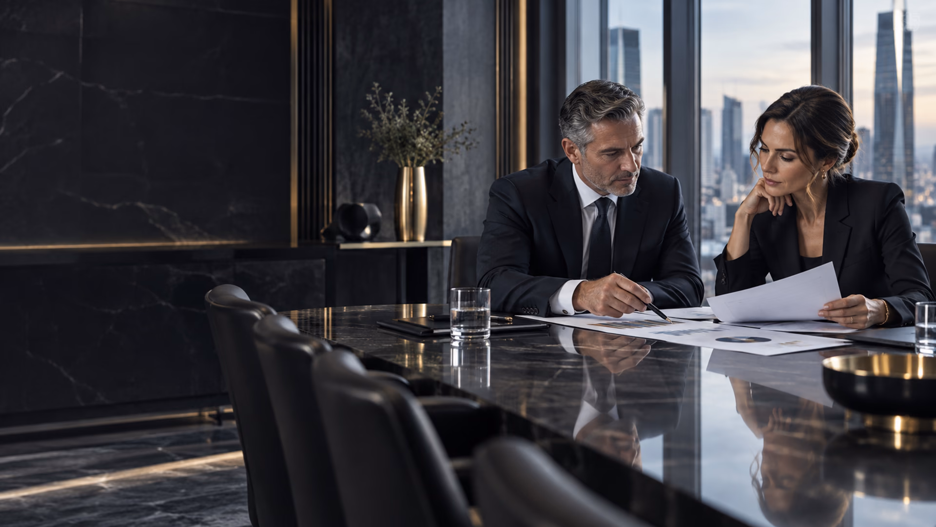 Senior business advisors reviewing strategy in a refined executive boardroom