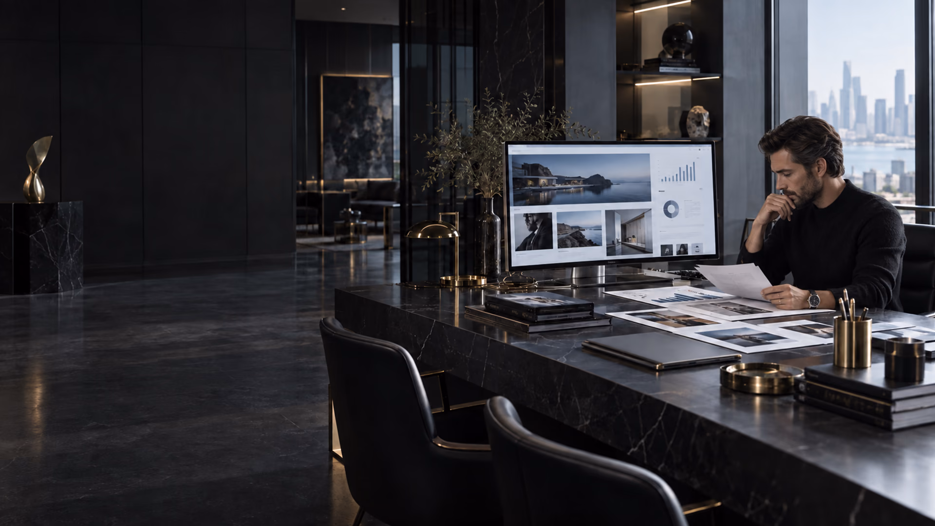 Business strategist reviewing a growth plan, campaign materials, and a website design